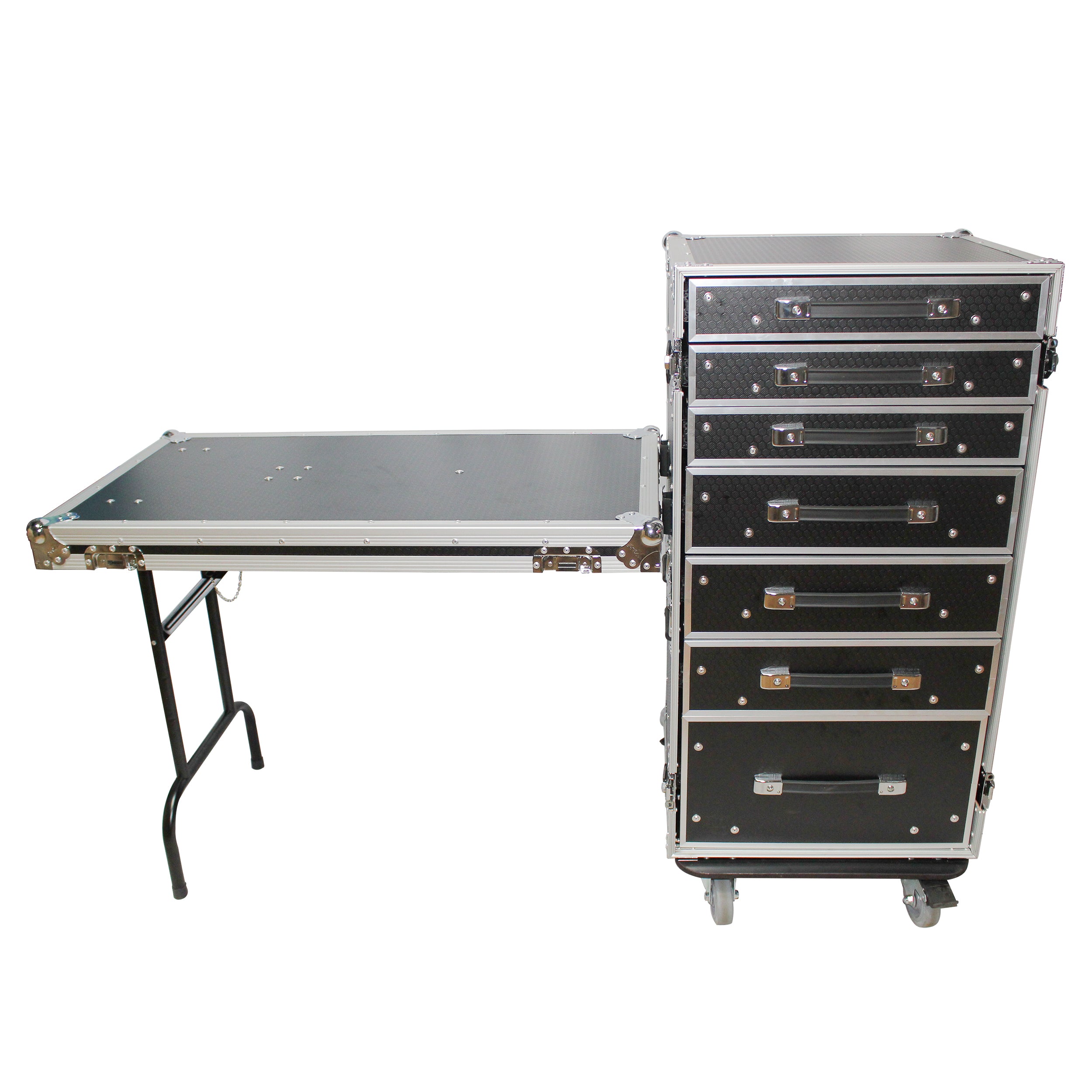 7 Utility Drawer ATA Flight Style Case with Fold out Left Right Side Mounting Removable Table and 4 inch Casters