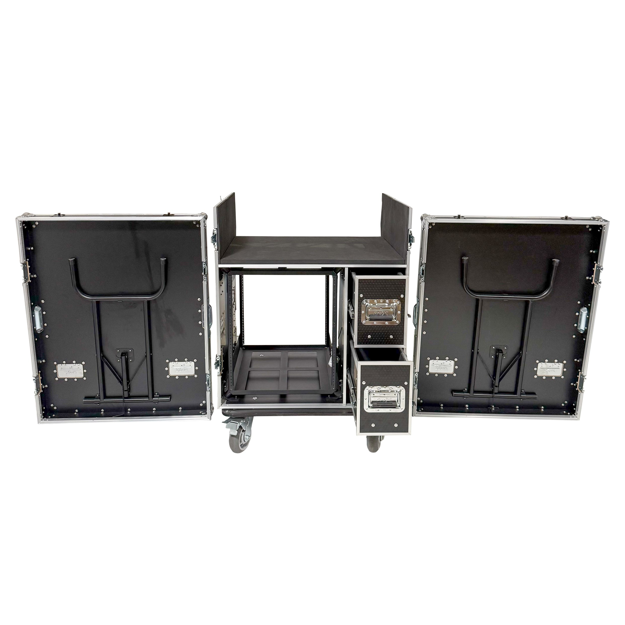 BRANCO ATA Flight Style FOH Mixing Console Case 12U Shockproof Rack 2 Drawer 2 Side Tables & 4 Locking Casters